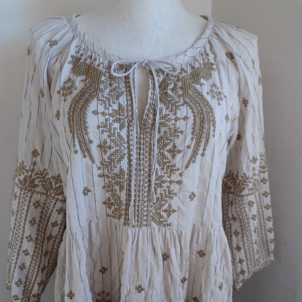 Johnny Was Workshop Embroidered Pinstripe Peasant Blouse Cream Tan Sz L - Picture 6 of 12